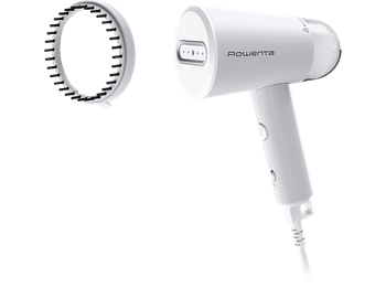 Plancha de vapor vertical - Rowenta Origin Travel DR1021, Salida 20 g/min, 70ml, Calentamiento 25s, Plegable, Compacto, Desinfectante, Blanco