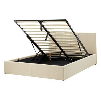 Cama Con Somier De Poliéster Beige Negro 140 X 200 Cm Cabecero Almacenaje Dreux