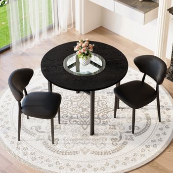 Set De Mesa Redonda Y 2 Sillones - Mueble Para Salón - Mdf, Metal Y Pu - Negro (100x100cm)