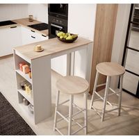 mesa alta con 2 taburetes  110x103x50cm  barra de cocina con estantes  modelo kyra  blanco y sonoma