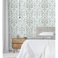 papel pintado vinilico ecologico nordico de flores rayas celestes y grises - canterbury 679399 de gaulan - rollo de 10 m x 053 m