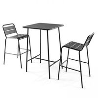 mesa de bar y 2 taburetes altos de metal gris palavas - oviala