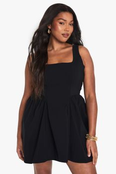 Vestido Plus Skater Fruncido Con Escote Cuadrado, Negro