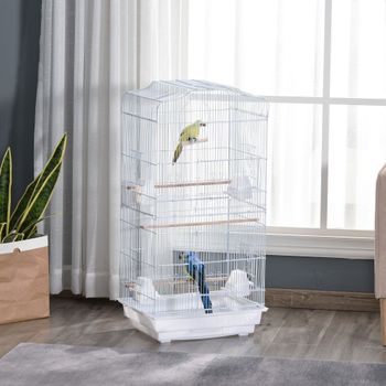 PawHut Jaula para Pájaros con Puertas Comederos y Bandeja 47,5x36x91 cm Blanco