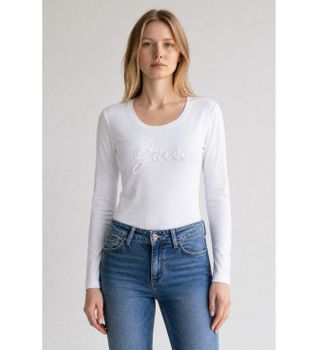 Guess para mujer. W5YI26J1314 Camiseta Embro Script blanco (S), Casual, Poliéster, Manga larga