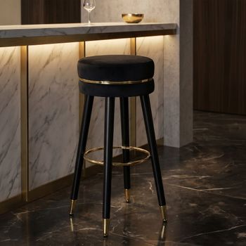 Silla de bar redonda de tela negra con patas de madera ø cm 35x74