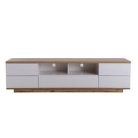 mueble de tv blanco y madera de 180 cm cinco puertas y dos espacios abiertos