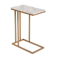 mesa auxiliar en aglomerado efecto madera y metal marmol y dorado