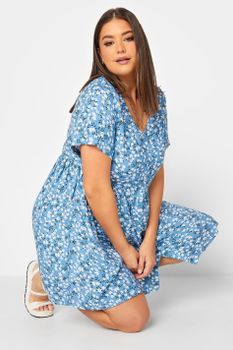 Yours Vestido Corto Azul De Flores, Mujer Curvy Y Tallas Grandes, Yours