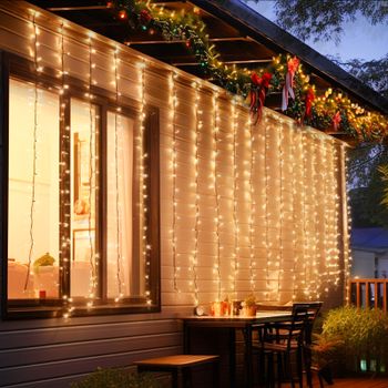 Aigostar Guirnalda Luces Exterior Solar, 1×1m 100 LED Cadena de Luces Navidad, 8 Modos Cortina de Luces, IP65 Impermeable Cadena de Luces Solares para Balcón, Jardín, Boda, Fiesta (Blanco Cálido)