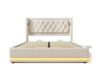 cama contenedor acolchada 160 x 200 cm en tejido de algodon - con funcion de carga y led a los pies de la cama - beige