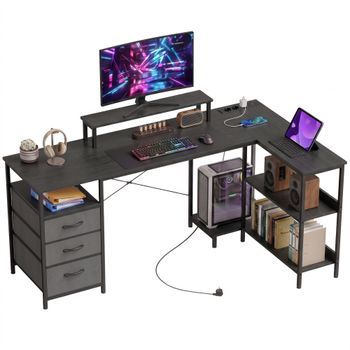 Escritorio Esquinero En L Reversible De Madera Y Acero, 170 X 100 X 91 Cm – Negro