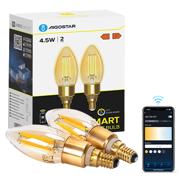 Aigostar Edison Bombillas Alexa LED E14 Bombillas Inteligentes 4.5W 470LM WIFI Bombilla Vintage C35 Bombillas Filamento Regulable 2700K-6500K, compatible con Alexa/Google Home. ámbar 2 pack