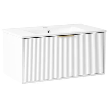 Mueble De Baño Suspendido Con Lavabo De Madera Sintética Almacenaje 80 Cm Blanco Con Tirador Dorado Tilcara