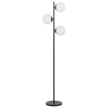 Lámpara De Pie Moderna Iluminación Metal Base Negra Redonda 3 Luces Pantalla Esférica Blanco Wadi