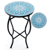 costway mesa auxiliar de exterior mosaico con tablero de ceramica resistente soporte para plantas pequena mesa redonda para balcon y jardin azul