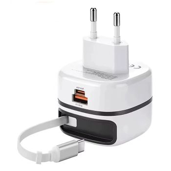 Cargador USB de 65W con 3 puertos,viene con cable retráctil Tipo-C + USB-A + adaptador de carga rápida para pared Tipo-C