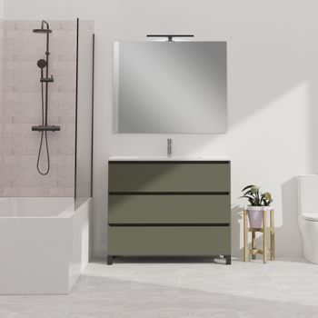 Conjunto De Baño Wink | 100 Cm Verde Musgo | Tres Cajones | Lavabo Empotrado | Mueble Montado | No Incluye Espejo | Alday