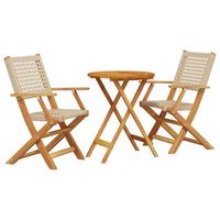 juego de bistro de 3 uds  conjunto mueble jardin mesa y sillas ratan pe y madera maciza beige