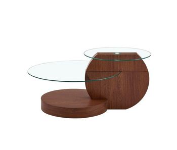 Mesa de centro - vidrio de seguridad 2 niveles, diseño minimalista, mdf veteado - transparente/nogal
