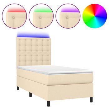 Cama Para Adulto | Cama Individual | Cama Box Spring Colchón Y Luces Led Tela Crema 90x200 Cm