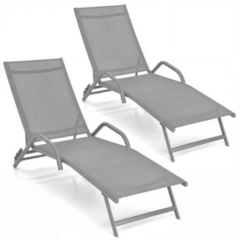 Costway Set de 2 Tumbonas de Exterior Sillones Reclinables Ajustable en 5 Posiciones Asiento Transpirable para Patio Jardín Piscina Gris