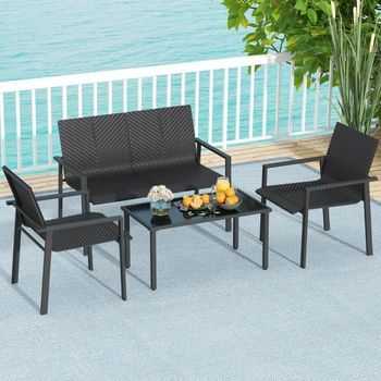Juego De Muebles De Patio 4 Piezas Mimbre Con Marco De Metal Galvanizado Negro