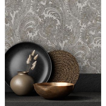 Papel Pintado Vinílico Cachemir Floral Hindú Con Relieve Efecto Textura De Tela - Tamil Etnik 676350 De Gaulan - Rollo De 10 M X 1,06 M