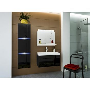 Conjunto De Muebles De Baño Negro Colección Raven. Columna, Mueble Bajo Lavabo, Lavabo De 80 Cm.