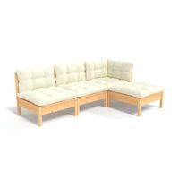 muebles de jardin 4 uds  mesa y sillas cojines madera de pino color crema