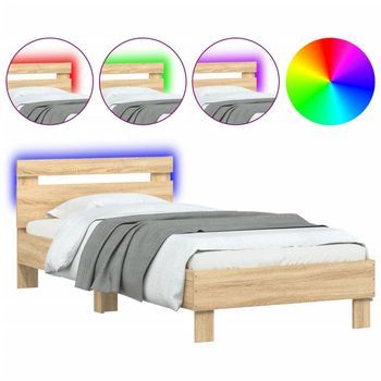 Cama Individual | Cama Para Adultos | Estructura De Cama Cabecero Luces Led Roble Sonoma 90x200 Cm