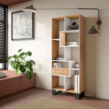 Librería efecto madera roble y blanco 67x31x174cm con patas