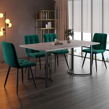 Conjunto Comedor - Mesa Y 4 Sillas - Mdf Y Terciopelo - Gris Y Verde Oscuro (140x80x75cm)