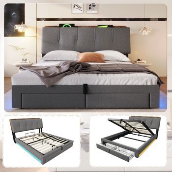 Cama Hidráulica Tapizada Con Usb, Led, 140x200 Cm, Color Gris Lino.