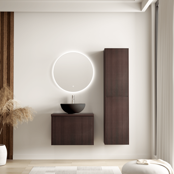 Conjunto Mueble De Baño Nogal Acanalado 60 Cm - Lavabo Negro - Conjunto Mueble Baño Marrón Acanalado - Mueble Lavabo - Lavabo Sobre Encimera - Columna De Baño [tropani]