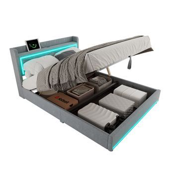 Cama Contenedor 160 X 200 Cm Con Cabecero - Leds Y Puerto Usb - Tela De Lino - Estilo Contemporáneo - Gris