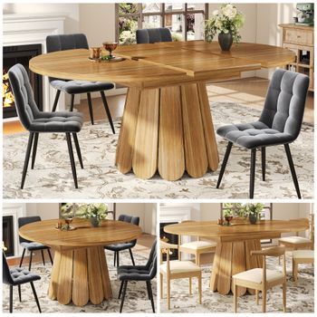 Mesa De Comedor Extensible - Mesa Redonda Transformable En Ovalada - Mdf + Metal - Marrón