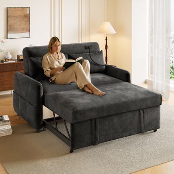 Sofá Convertible De 2 Plazas Con Respaldo Regulable - Soporte Y Toma Usb - Tejido Chenilla - Función Dormir - Gris