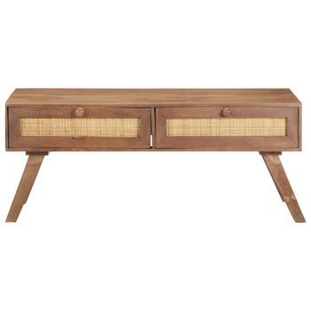 Mesa De Centro 100x60x40 Cm Madera Maciza De Mango Con Acabado Claro Y Mimbre Natural - Marrón