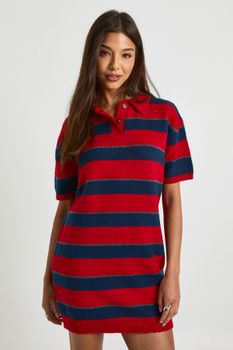 Stripe Collared Oversized Knitted Dress, Rojo