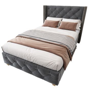 Cama Tapizada, 90x200cm, Cabecero Capitoné, Patas De Madera, Terciopelo Gris.