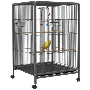 Jaula para pájaros PawHut con ruedas y columpio, perchas, bandeja deslizante, comederos y bebederos, para canarios e loros, 48x46x78 cm, acero negro