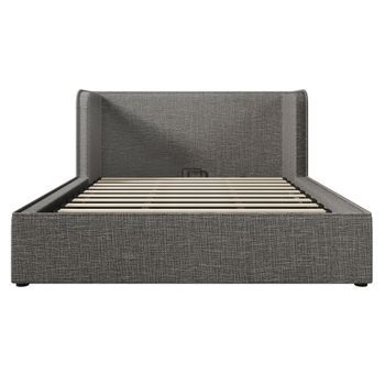 Cama Contenedor Tapizada 160×200cm Con Cabecero Ancho Tela De Lino Con Somier De Láminas Gris