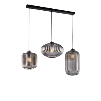 Carril Glamour De Hierro Lacado En Negro Con Cables Orientables Y Difusores De Cristal Soplado Gris Espejado Con Dec. Forro En Relieve De 3 Luces