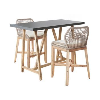 Conjunto De Balcón Terraza Jardín Mesa De Hormigón Madera De Acacia Clara 2 Sillas Cojines Gris Beige Talamone