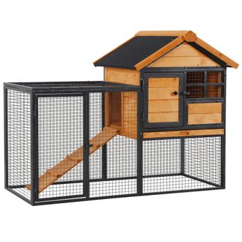 PawHut Conejera Exterior 2 Niveles con Rampa Bandeja Extraíble de Madera y Metal para Mascotas Pequeñas 122x63x92 cm Madera y Gris   Aosom España