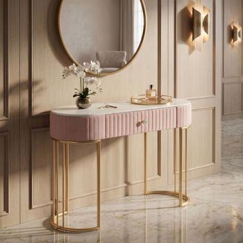 Consola de metal dorado, tela rosa y madera blanca cm 100x40x76