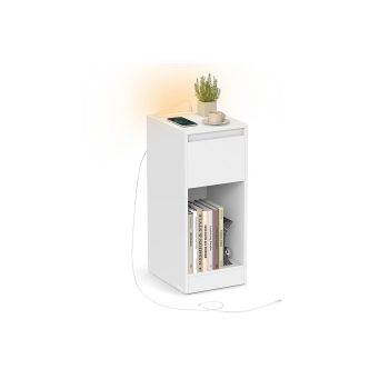 Mesita de noche estrecha con luz LED y puertos USB, Blanco Nube / 1
