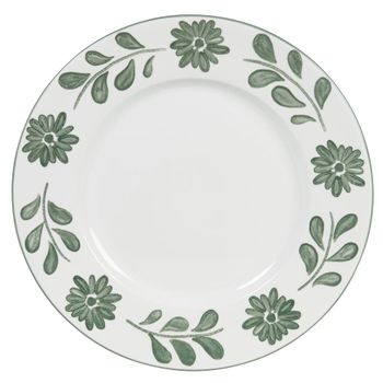 Plato llano de cerámica blanca y flores verdes