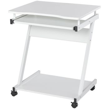 HOMCOM Mesa de Ordenador con Ruedas 60x48 cm con Bandeja Deslizante para Teclado y Estante Inferior Marco Metálico Blanco